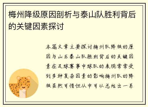 梅州降级原因剖析与泰山队胜利背后的关键因素探讨